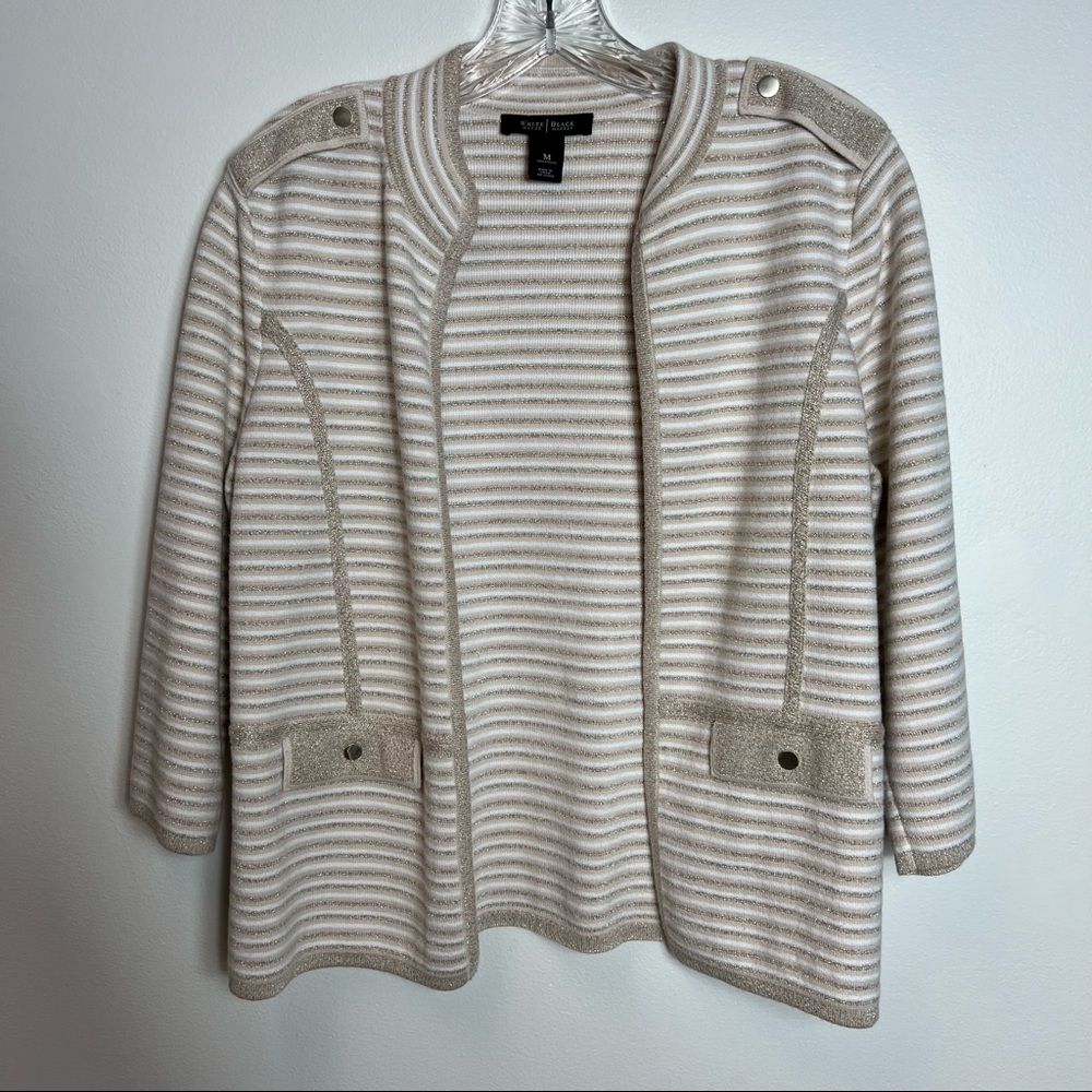 BEAUTIFUL WHBM CREAM/GOLD OPEN FRONT 3/4 SLEEVE SWEATER SIZE M